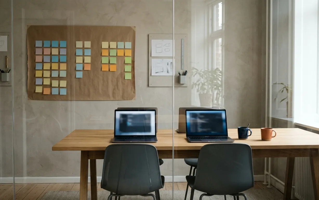 A small company's office seen through glass: a shared table with two laptops, and a process mapped in sticky notes on the wall.