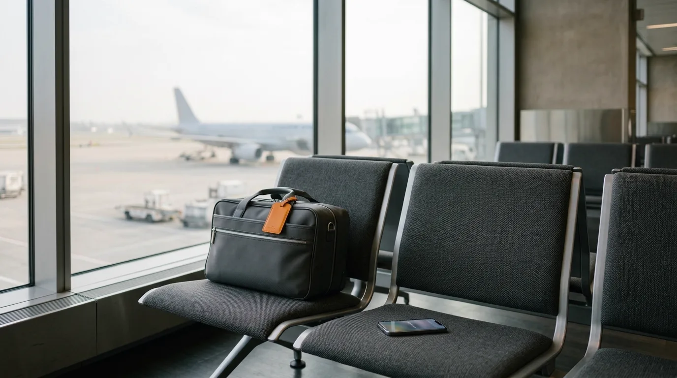 A phone and a carry-on bag on airport lounge seats, a plane outside the window