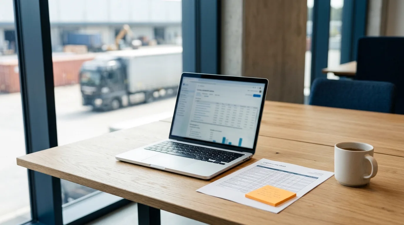 A new account manager's desk with a laptop and a rate sheet, a freight yard outside the window