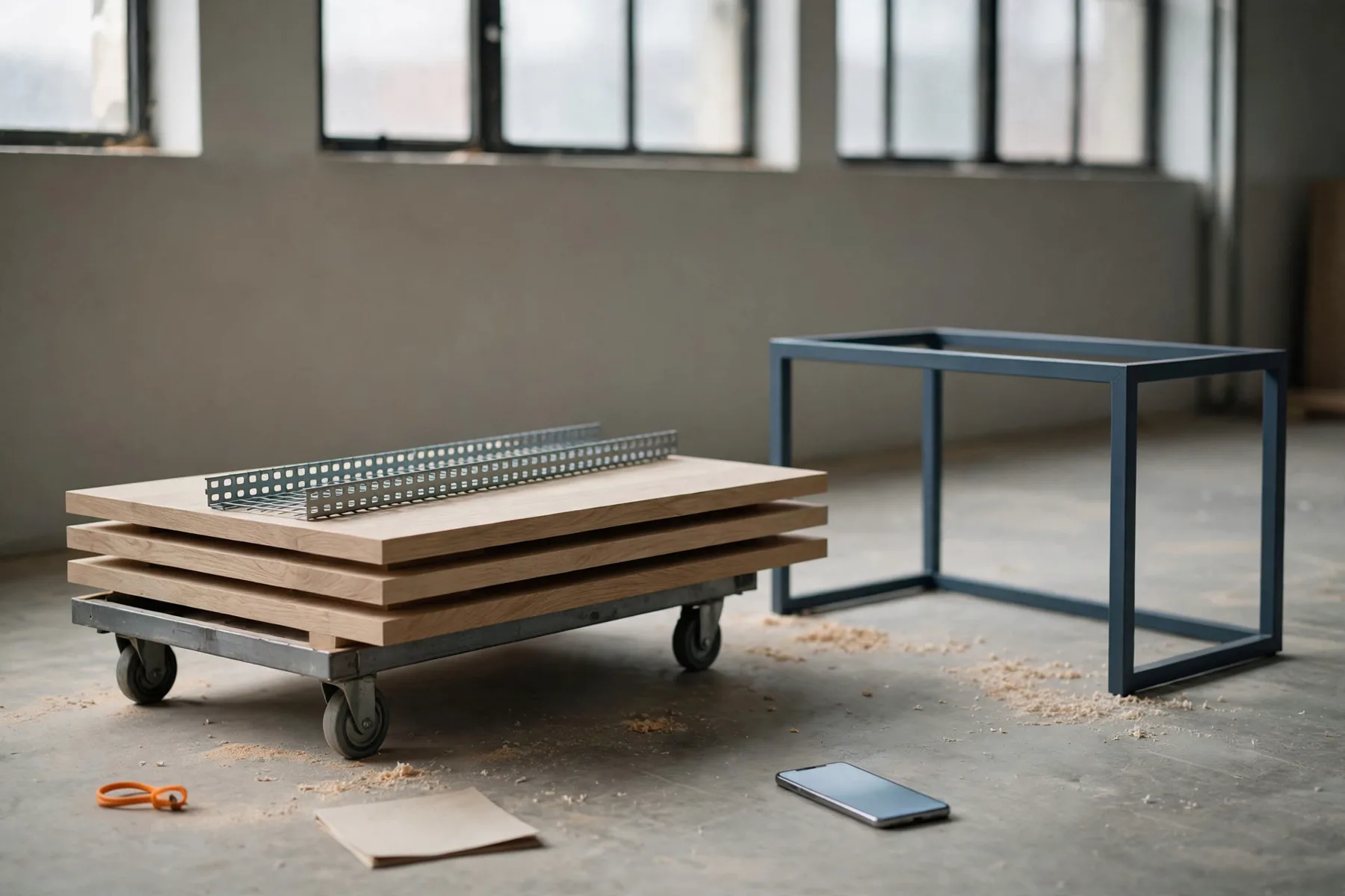 Desk tops and a steel cable tray stacked on a cart in a quiet furniture workshop