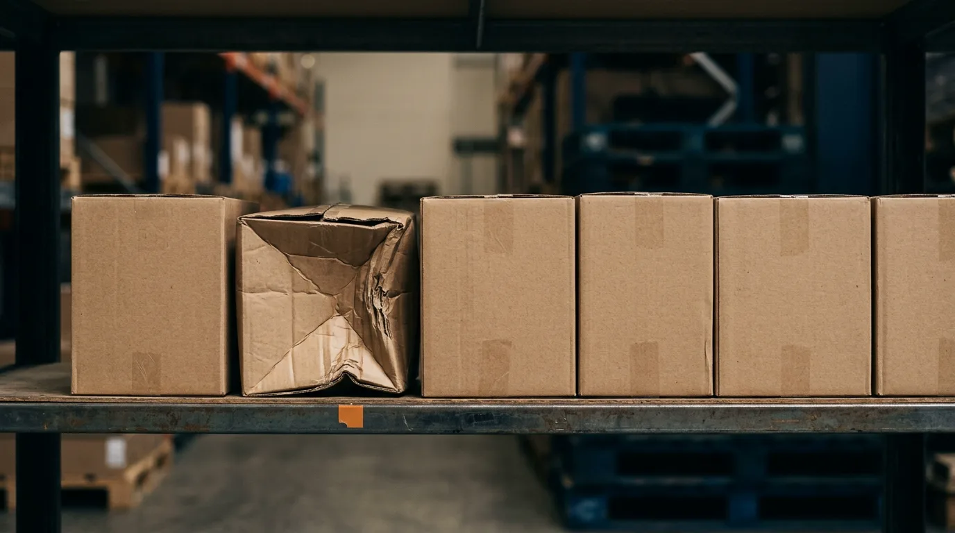 A row of parcels on a depot shelf, one crushed at the corner