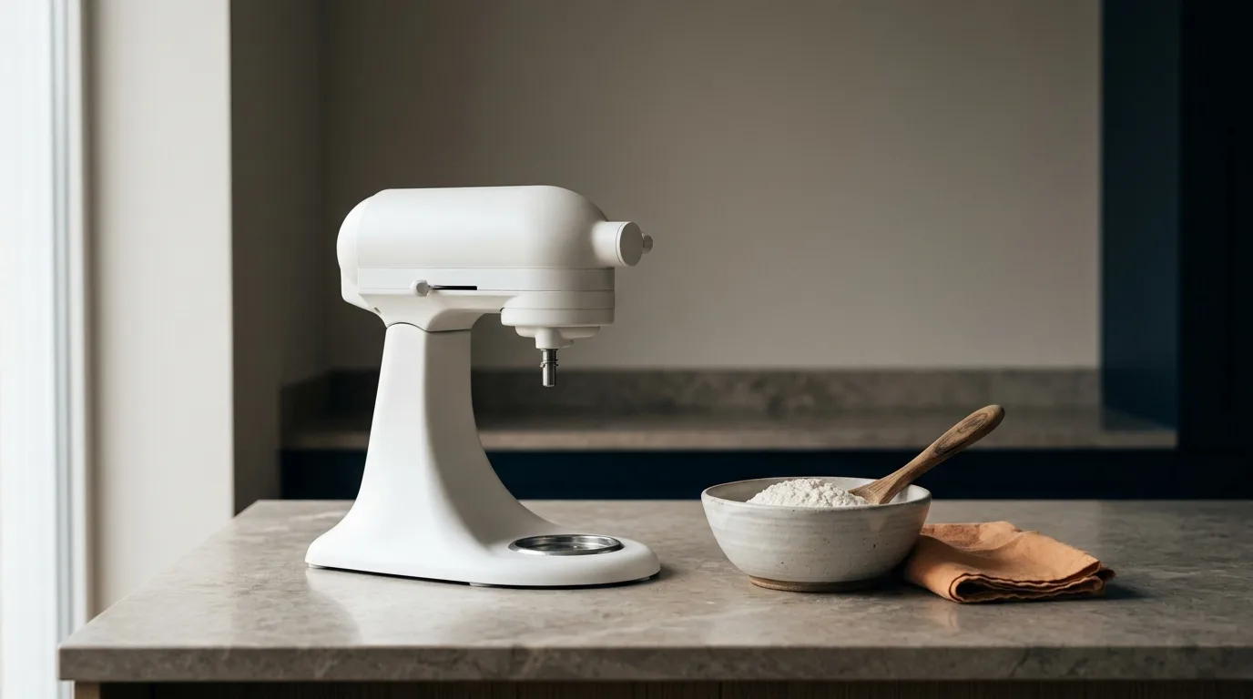 A new white stand mixer on a calm kitchen counter