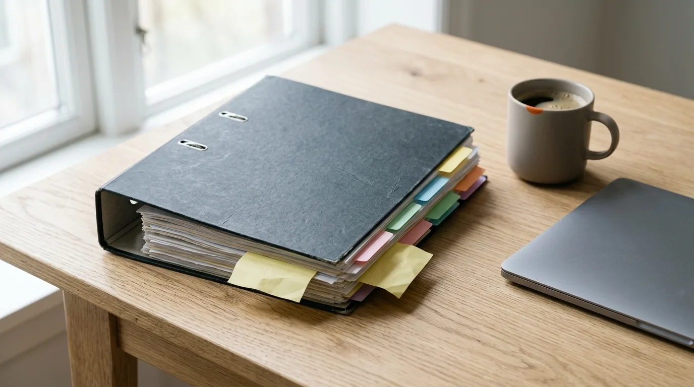 A thick, worn binder of work notes, stuffed with tabbed pages, closed on a desk.