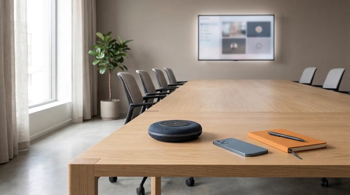 An empty meeting room with a speakerphone on the table and a video meeting on the wall screen.