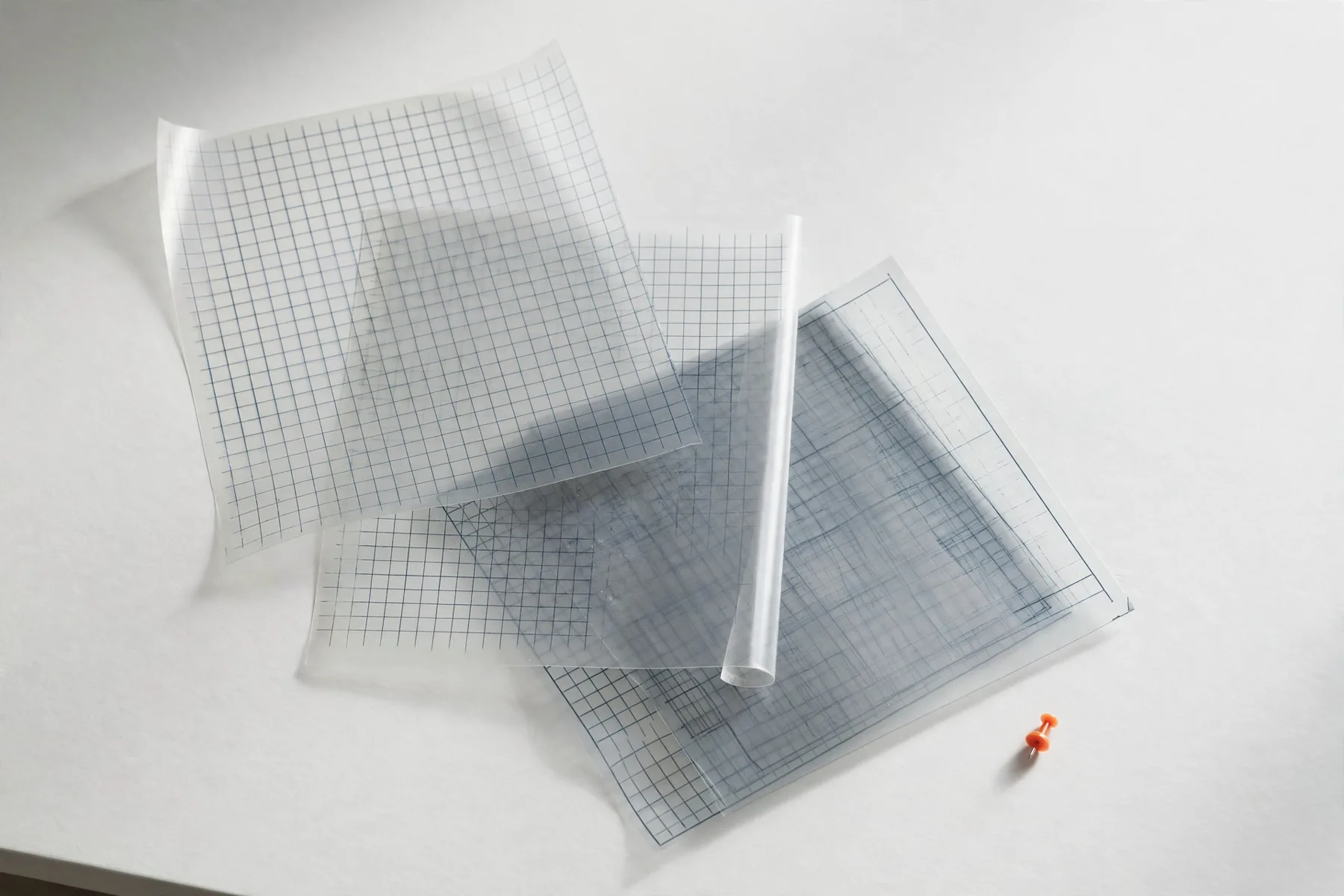 Four see-through calendar sheets laid over each other on a white desk