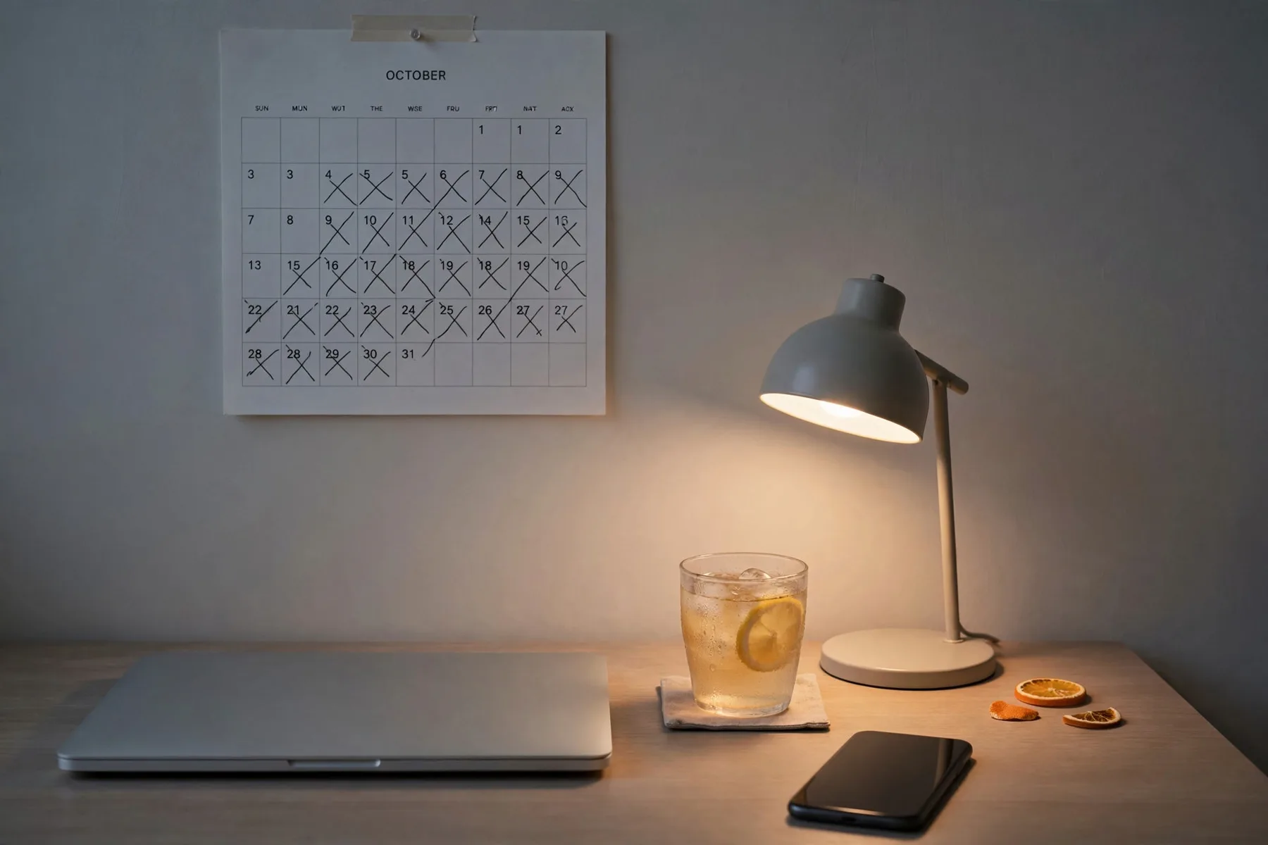 A home desk late in the evening: laptop closed, lamp on, a wall calendar with crossed-out days