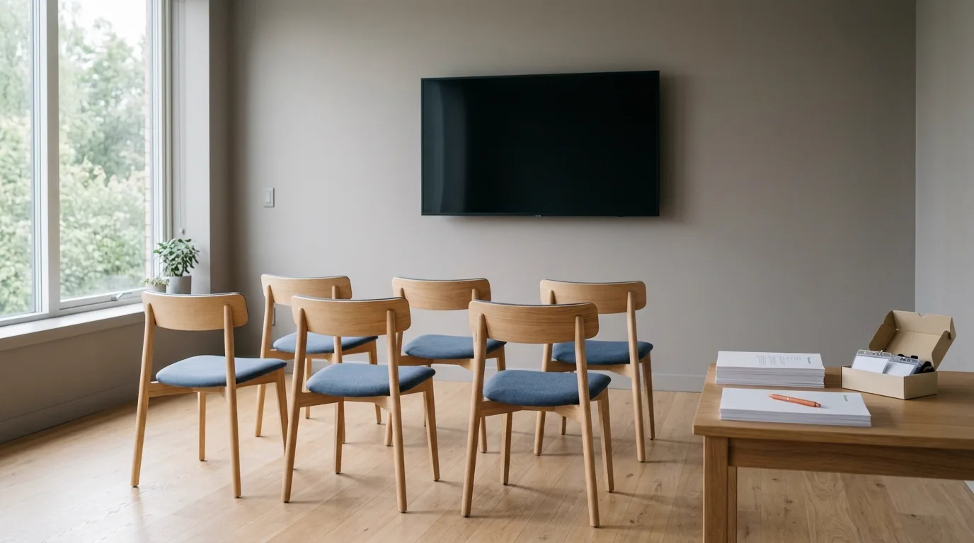 A small meeting room set for a panel of four and one candidate