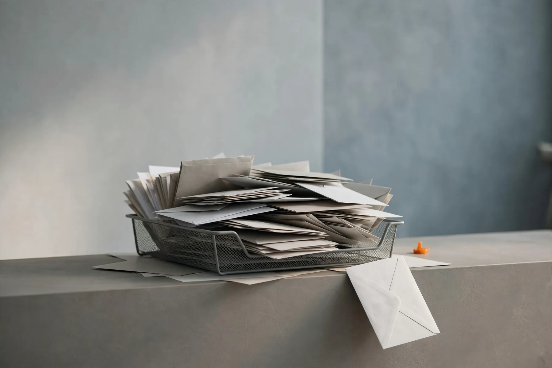 A full office mail tray, one envelope sliding off the edge.