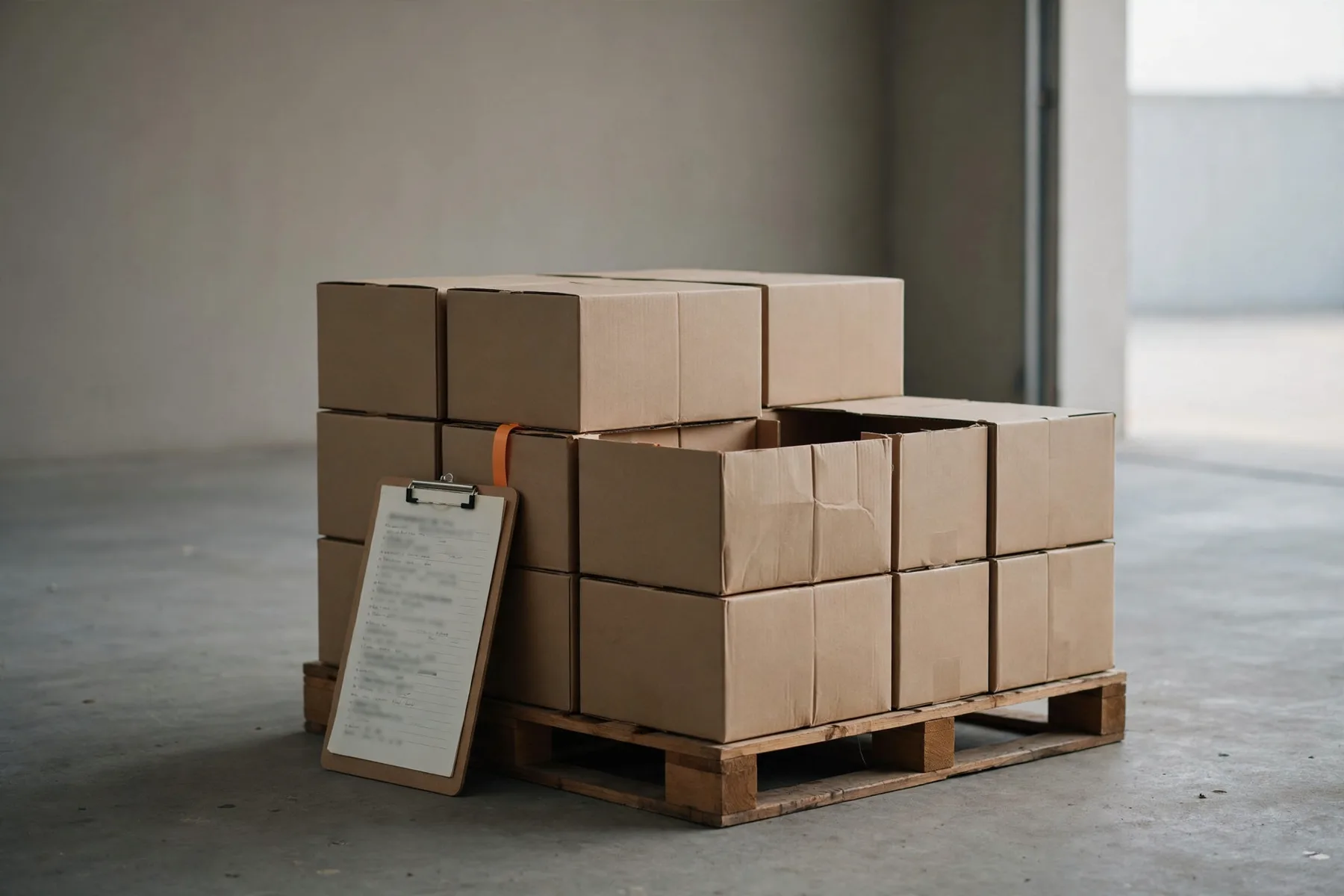 A pallet of cartons with a gap in the top layer, a delivery note on a clipboard.