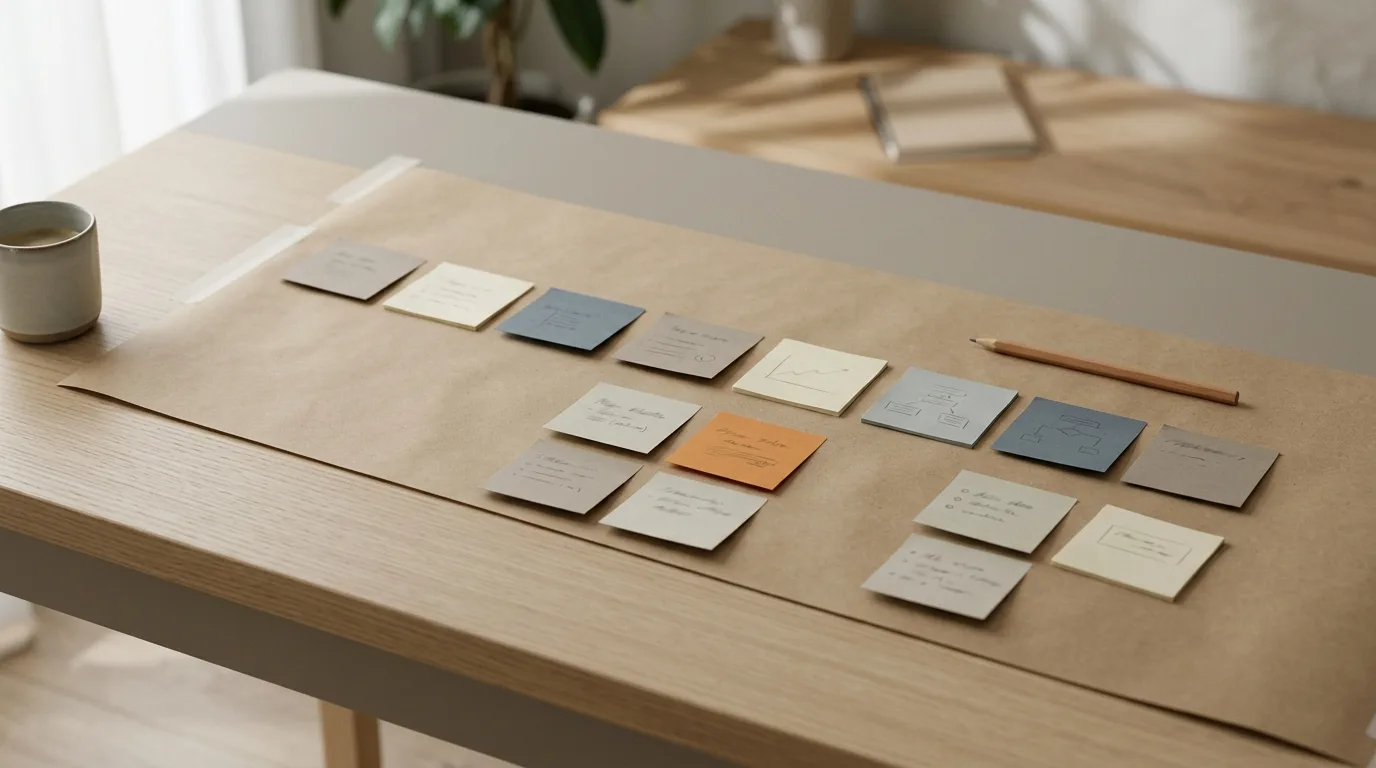 A process mapped in sticky notes on brown paper across a workshop table