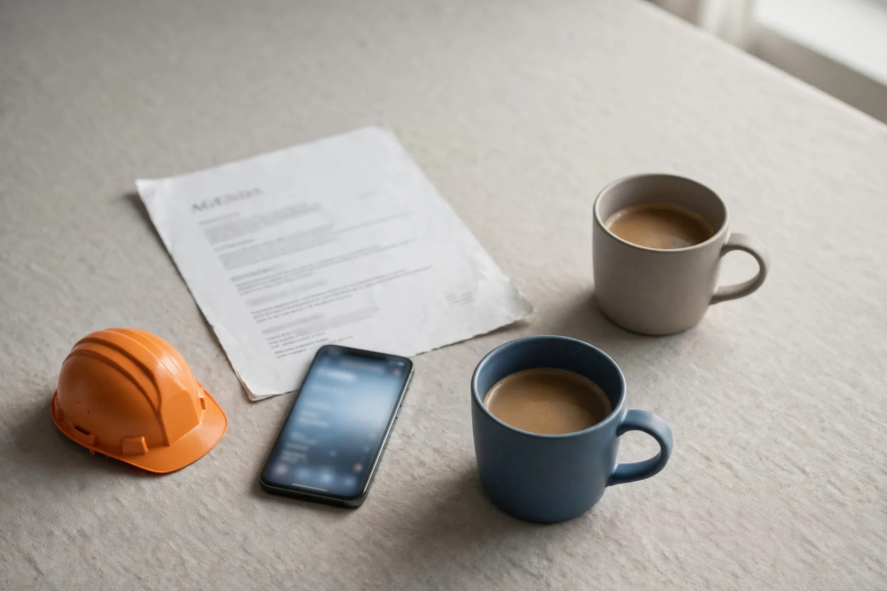 A site office table with an orange hard hat, a one-page plan and two cups