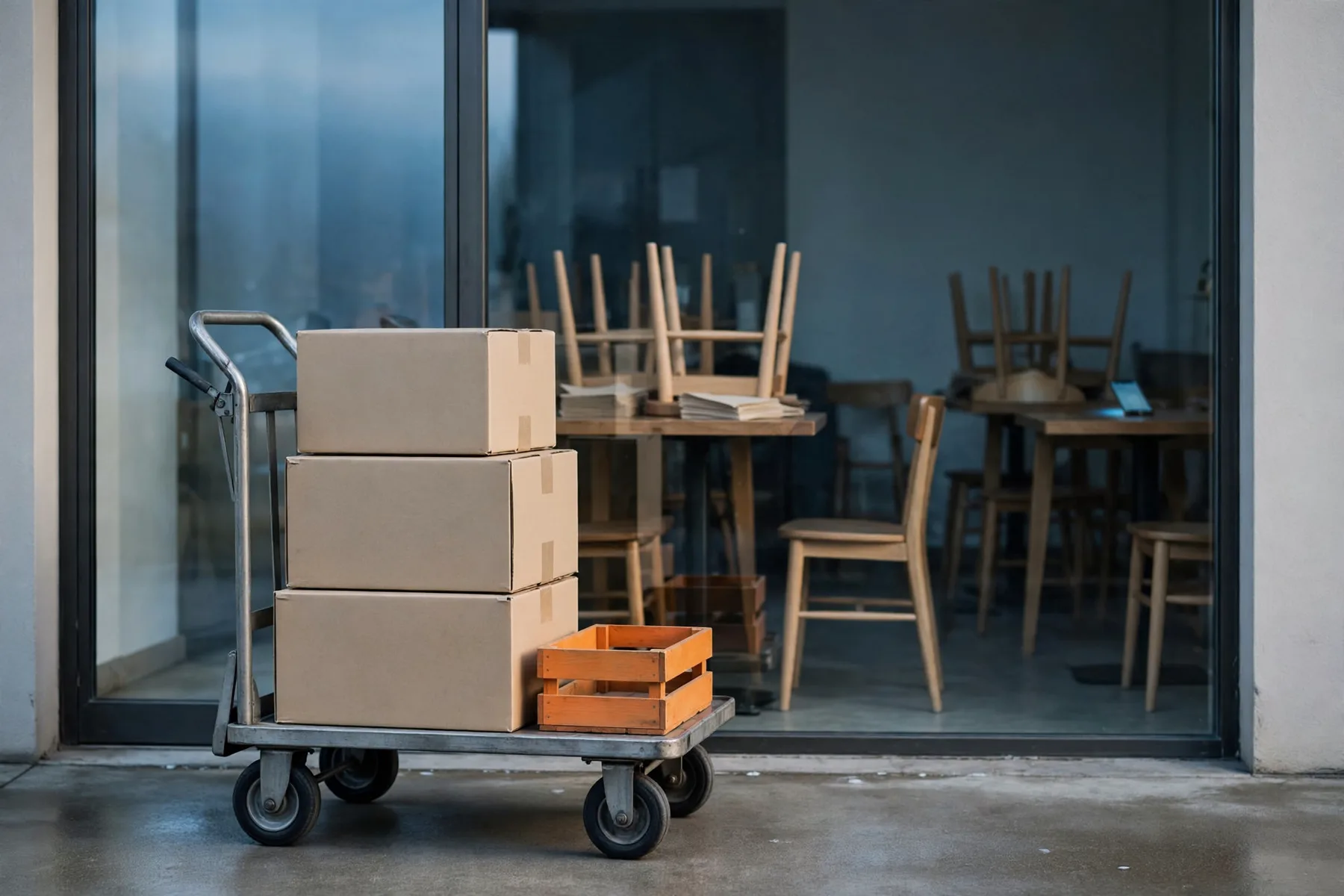 Cases stacked on a trolley at a café door before opening