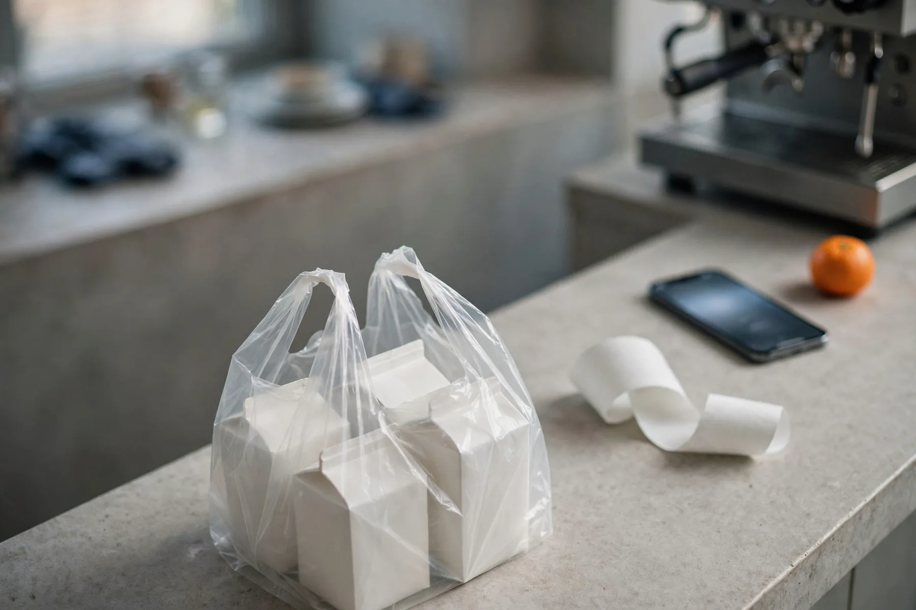 A supermarket bag full of milk cartons and a long receipt on a café counter