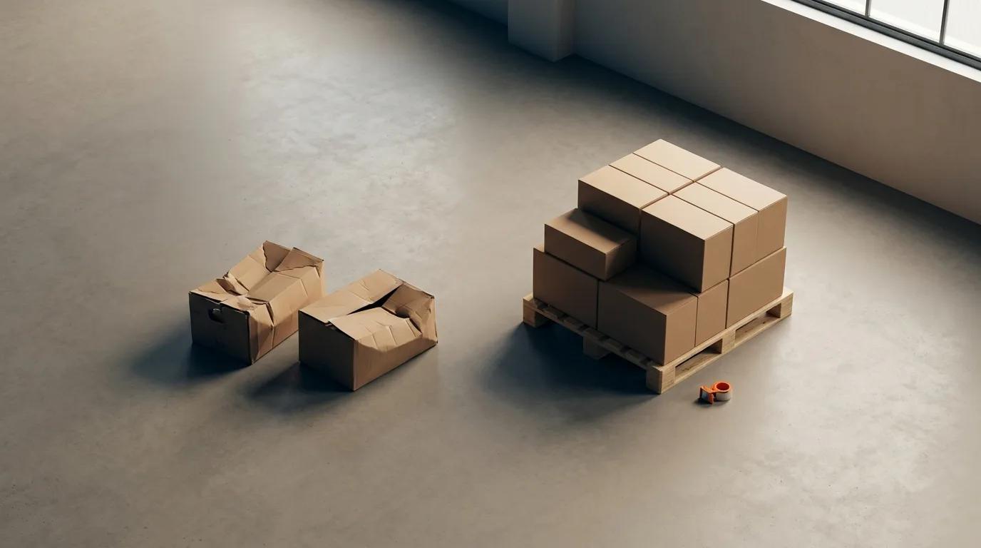 Two crushed cardboard boxes beside a neat pallet